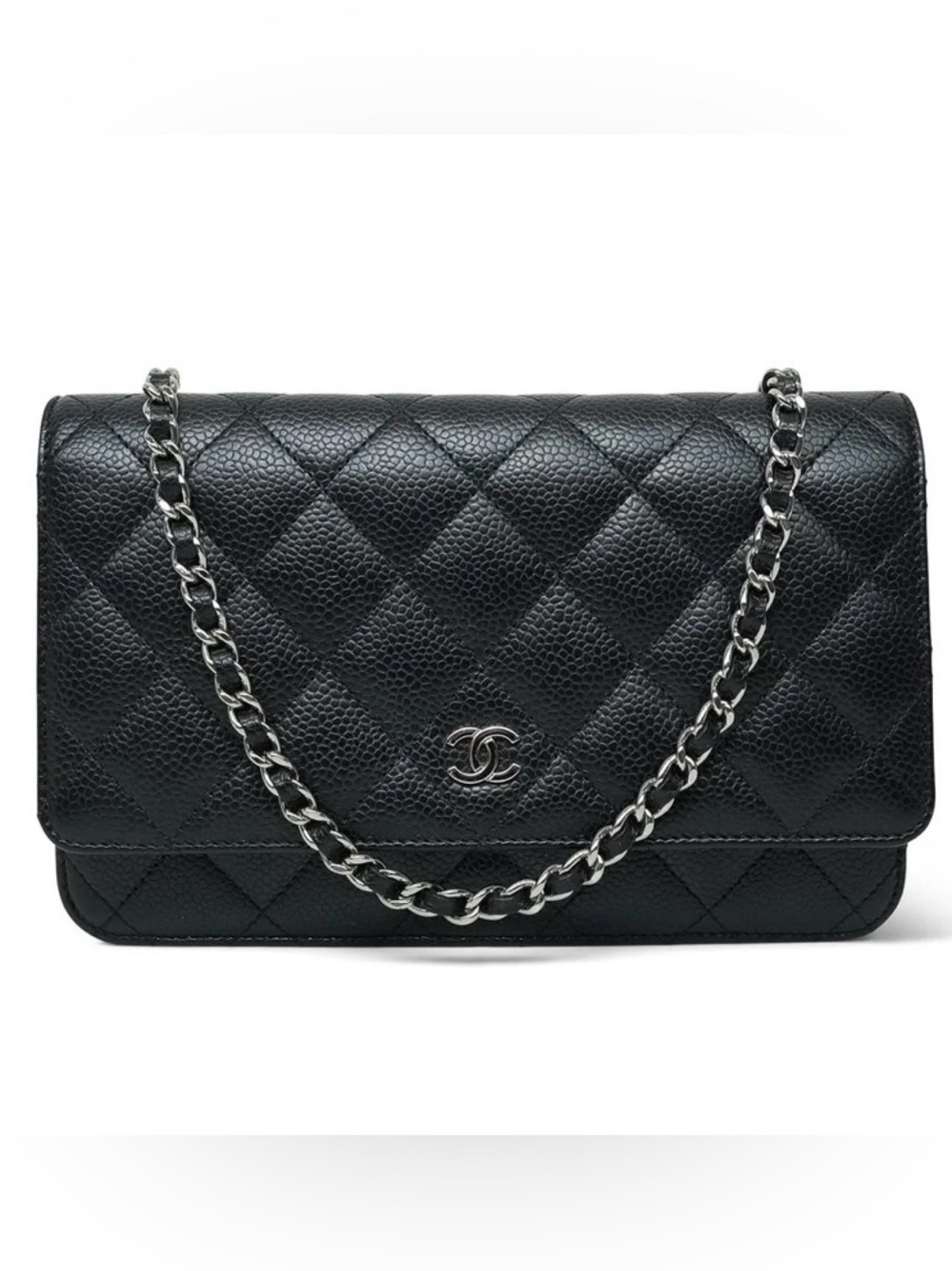 CHANEL Black Caviar Leather Quilted Wallet-on-Chain with Silver CC